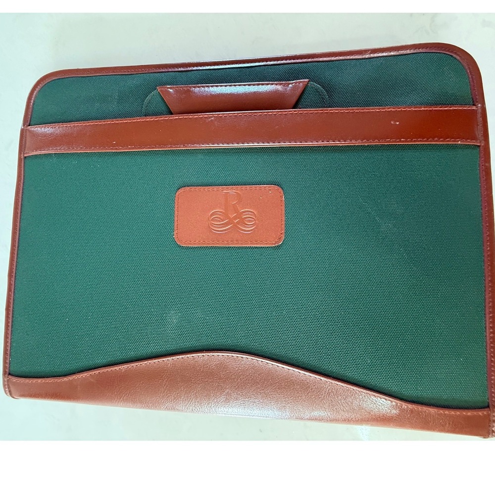 VTG Green Canvas Faux Leather Zip Portfolio Binder Organizer Briefcase Handles - Picture 4 of 8